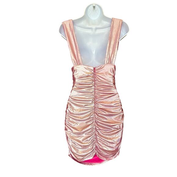 Superdown Metallic Pink Bodycon Mini Dress XS Ruched Iridescent Plunging $78 NEW - Picture 7 of 8